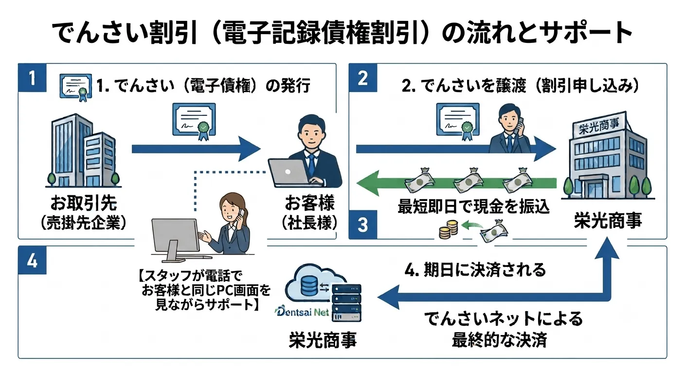 栄光商事のでんさい割引（電子記録債権割引）の流れと、お客様と同じPC画面を見ながらお電話で丁寧に行う手厚い操作サポート体制